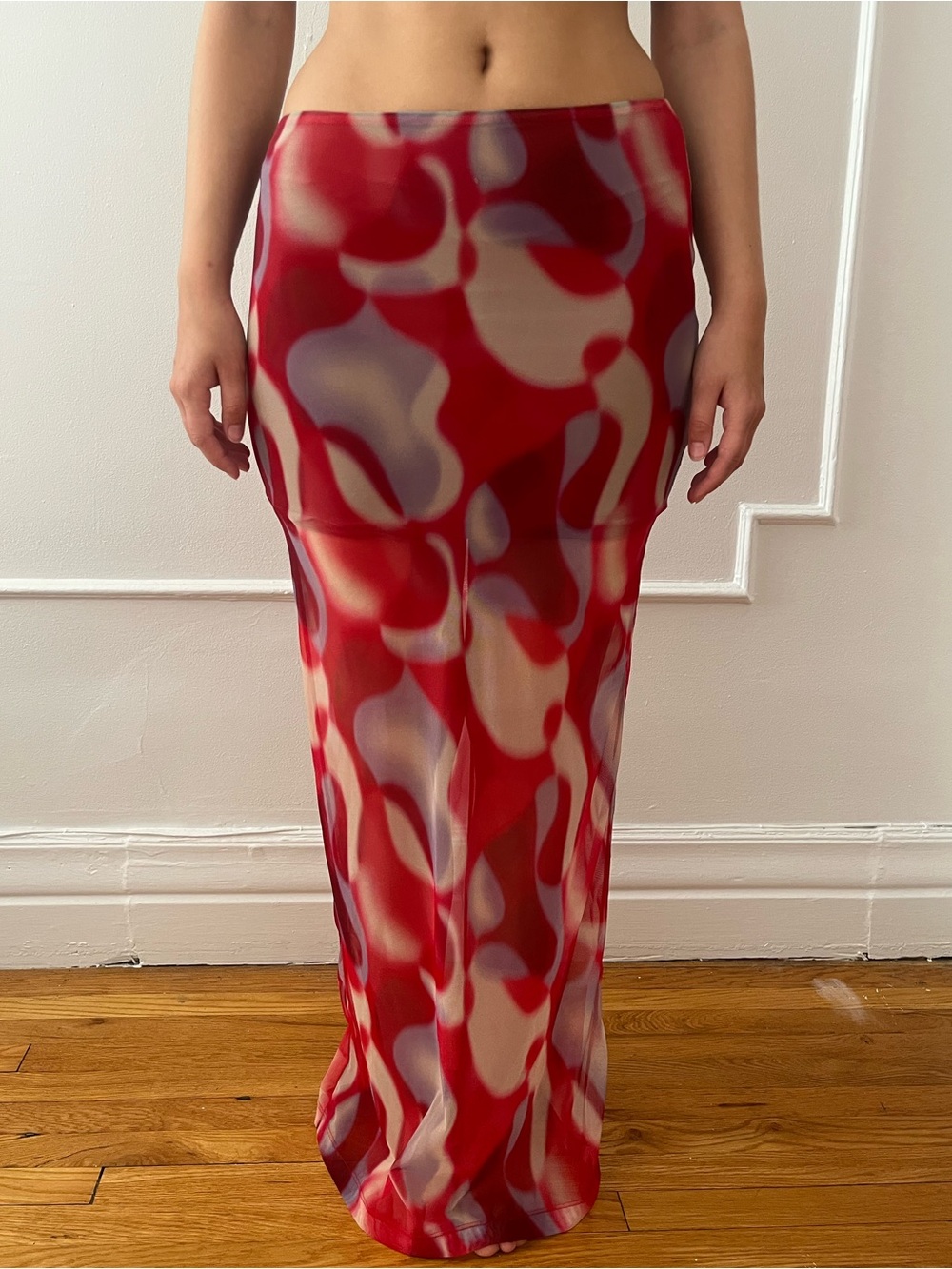 Simons Red Abstract Maxi Skirt with Cream and Purple Accents